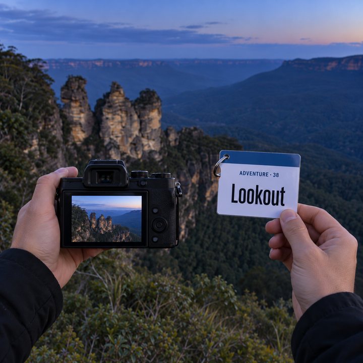 Hands holding a camera at Echo Point after sunset, with the Three Sisters in the Blue Mountains; in the other hand the Lookout sheet