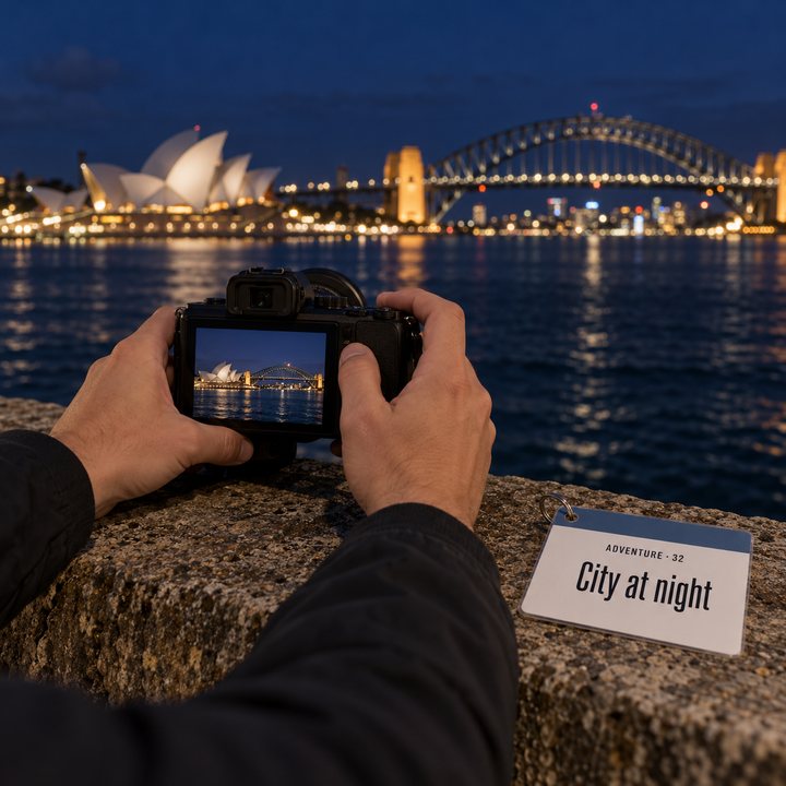 Hands steadying a camera on a harbour wall, with the Harbour Bridge and Opera House lit up across the water, next to the City at night sheet
