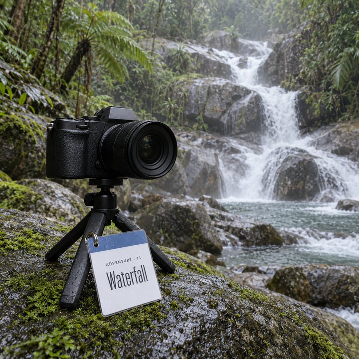 A camera on a mini tripod beside Josephine Falls, with the Waterfall sheet leaning against the tripod leg