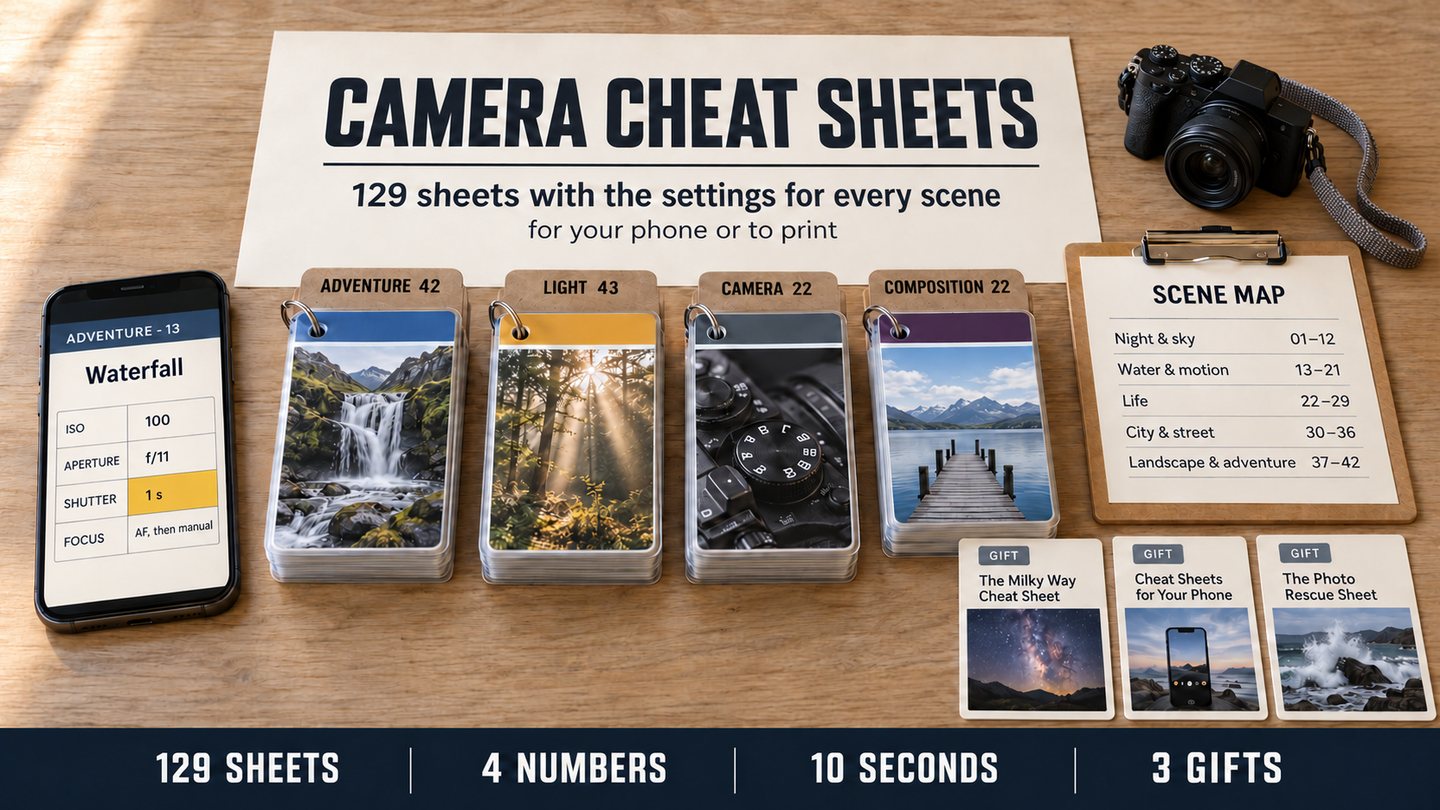 The full kit on a table: a phone showing a cheat sheet, 129 scene sheets, the Scene Map and 3 gifts next to a camera