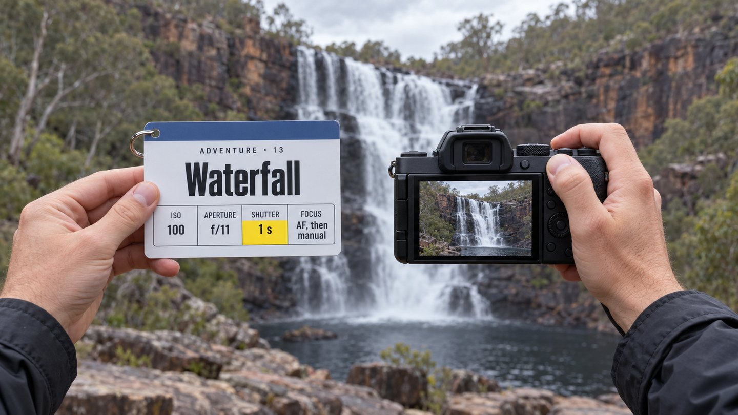 Hands holding a camera in front of MacKenzie Falls, with a Waterfall cheat sheet showing four numbers in the other hand