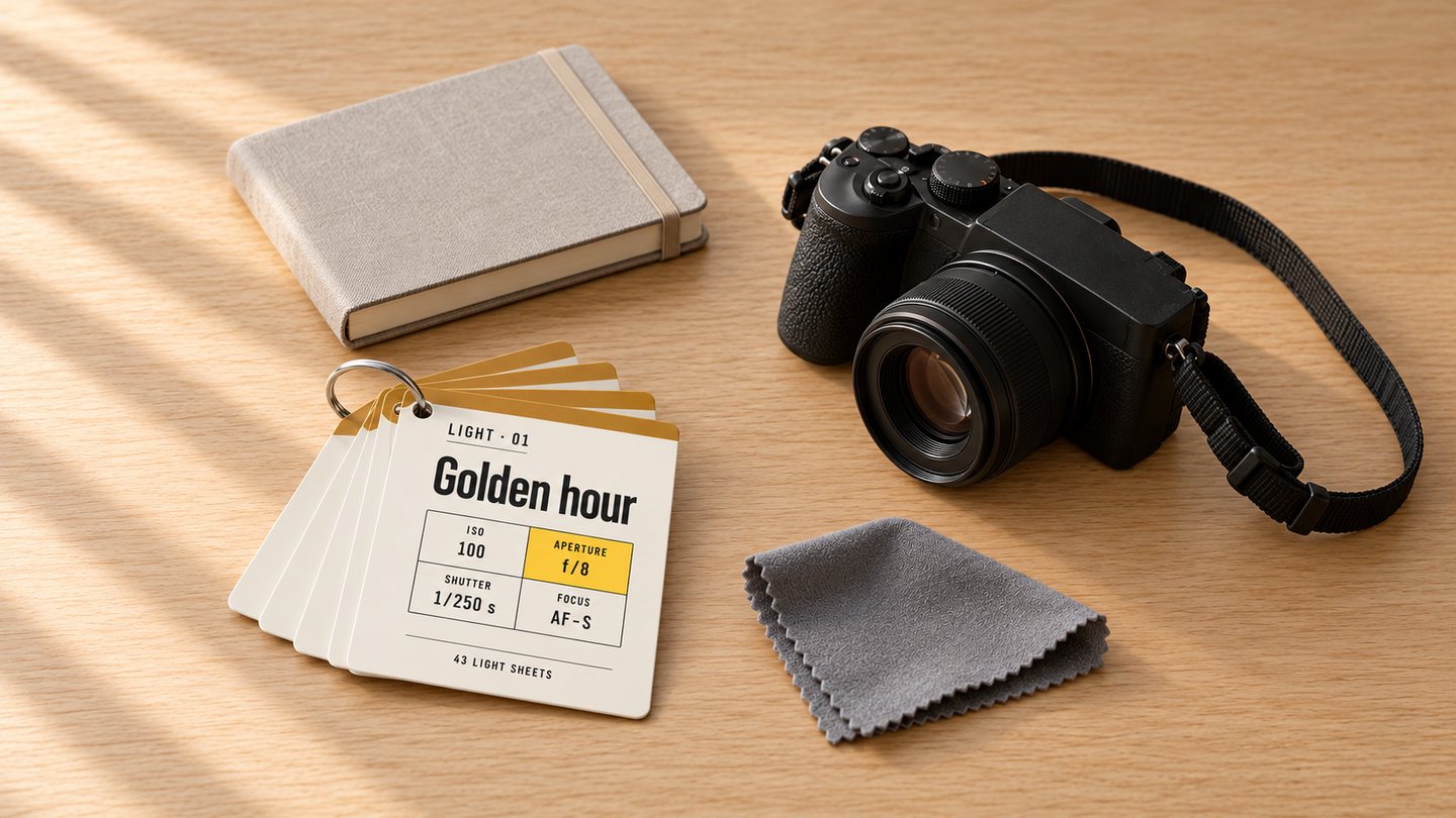 43 Light Sheets: a fan of sheets about light on the table next to a camera