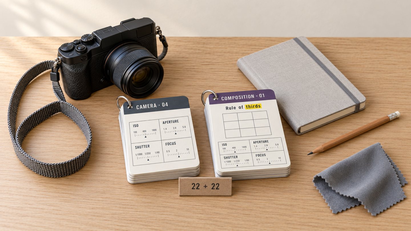 44 Camera & Composition Sheets: two stacks of sheets on camera and composition on the table